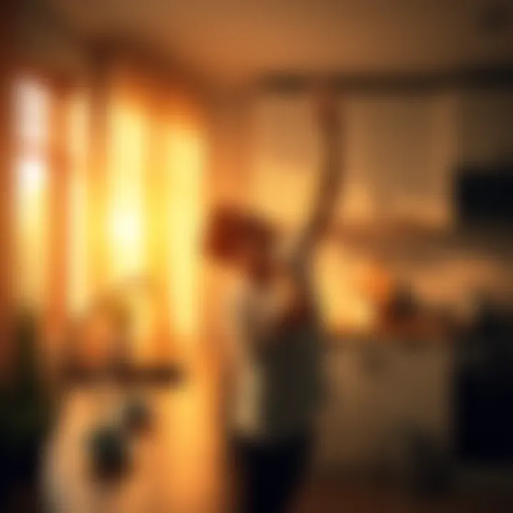 A person stretching and enjoying a cup of coffee in a sunny kitchen, symbolizing a positive start to the day.