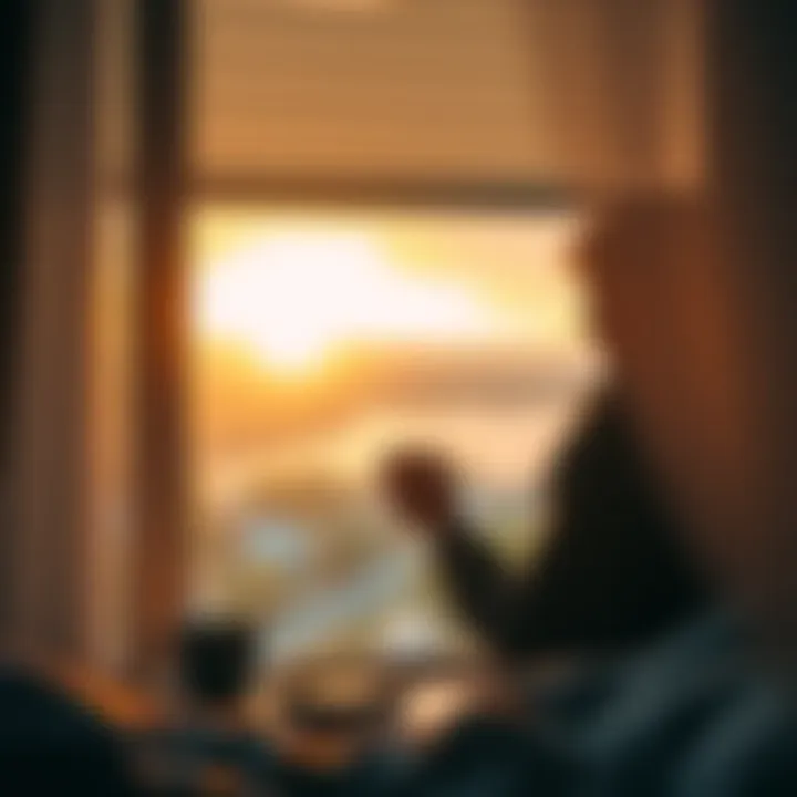 A person enjoying a quiet morning with a cup of coffee, looking out a window at the sunrise.