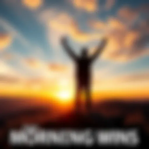 A person standing on a hilltop with arms raised in celebration at sunrise, symbolizing early morning success.