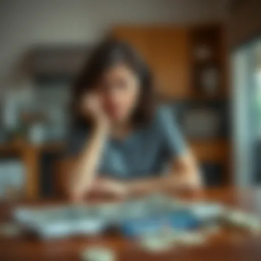 A worried mother sits at a kitchen table, bills spread around her, contemplating her partner's gambling addiction and its impact on their family.