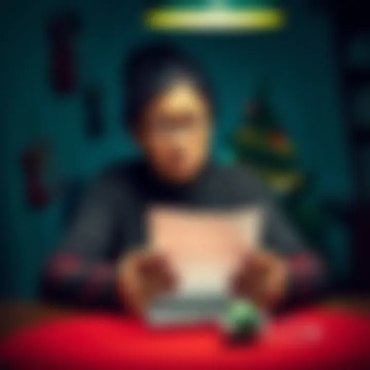 A mother sitting at a table with a worried expression, holding a letter asking for donations to cover rent and Christmas gifts for her children.