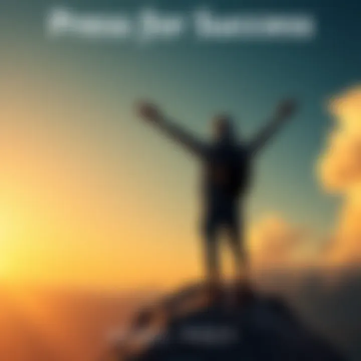 Motivated person reaching for success A person with arms raised in celebration, standing on a mountain peak, symbolizing achievement and success.