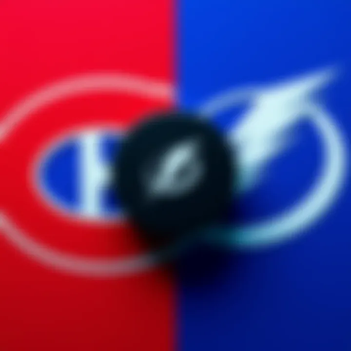 Logos of MTL Canadiens and TB Lightning with a hockey puck in the middle