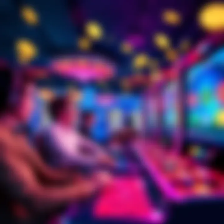 A vibrant scene showing players engaged in multiplayer casino games with digital coins and bonuses displayed on screen.