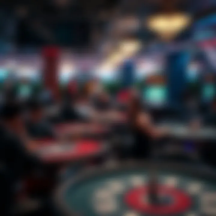 A view of several blackjack tables with players seated, some taking multiple seats at different tables, focusing on strategy and betting risks.