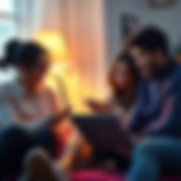 A family sitting together with laptops and smartphones, discussing using multiple accounts in one household.
