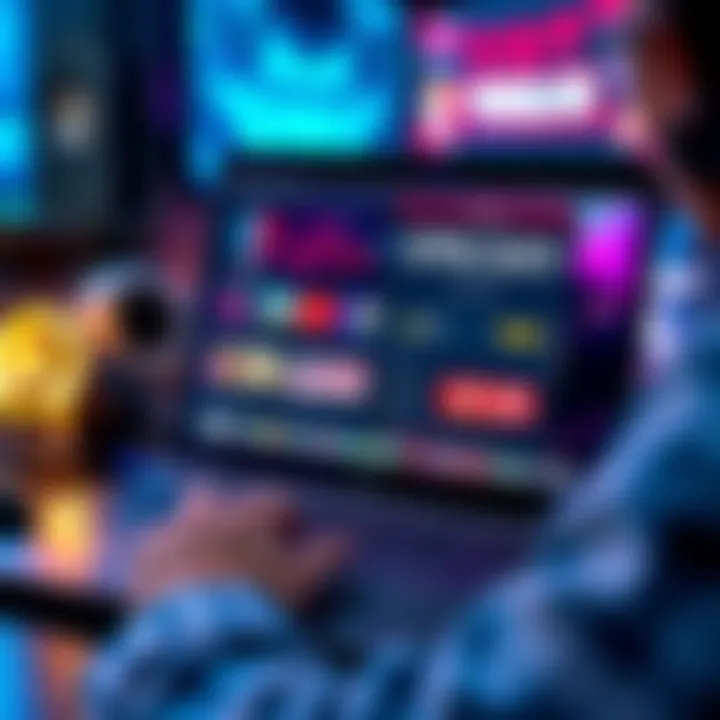 A person using a laptop with multiple gaming accounts visible on the screen and a VPN app open