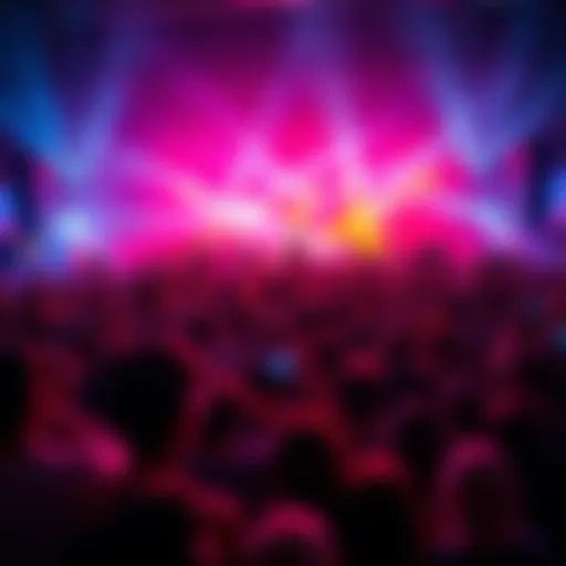 People dancing and having fun at a lively music festival with colorful lights