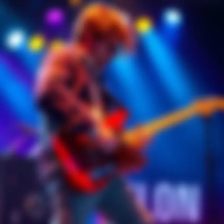 A musician passionately playing guitar on stage with vibrant lights, evoking the spirit of a gambler's journey in music.