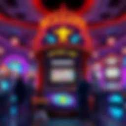 Mystery Lamp Slot Machine at Caesars A colorful slot machine named Mystery Lamp with bright lights and symbols, located inside a Caesars property casino, surrounded by players.