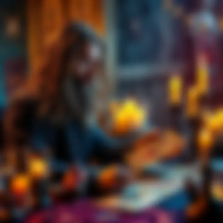 Mystic Mac Reading Tarot Cards A person resembling Mystic Mac, with long hair, is reading tarot cards in a candle-lit room filled with mystical symbols and crystals.