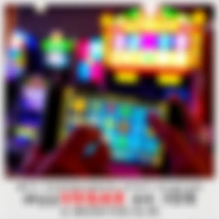 myVEGAS Slots on iOS Person playing myVEGAS slots on an iPhone, showing colorful slot reels and bonus symbols on the screen