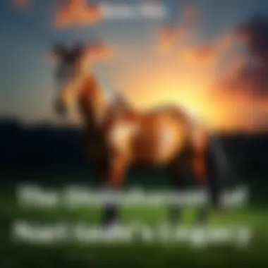 A majestic racehorse symbolizing the legacy of Narita Taishi, standing proudly in a lush green pasture, representing the fading lineage of racehorses.