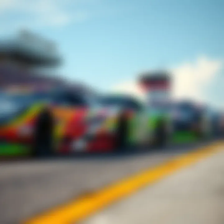 A group of colorful NASCAR race cars on the track during the Daytona 500 race