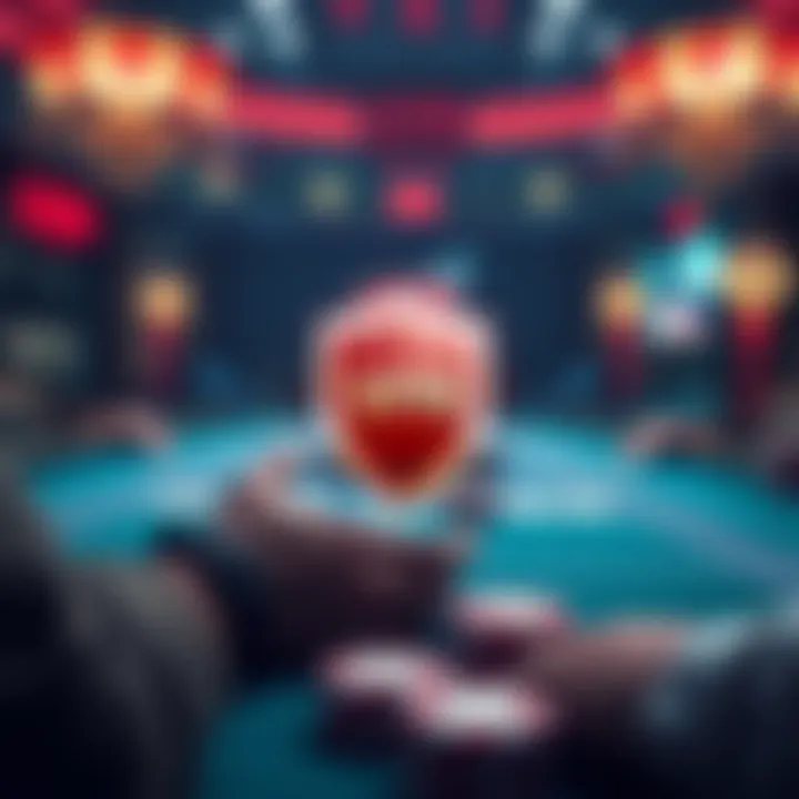 A digital illustration of a poker game with a VPN shield symbol, emphasizing online gaming in restrictive regions.