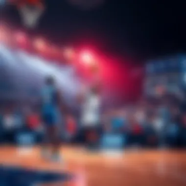 A basketball court with players in action, focusing on a player making a shot while fans cheer in the background.