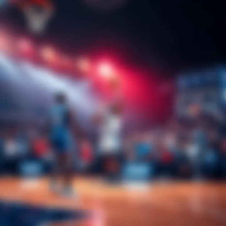 A basketball court with players in action, focusing on a player making a shot while fans cheer in the background.