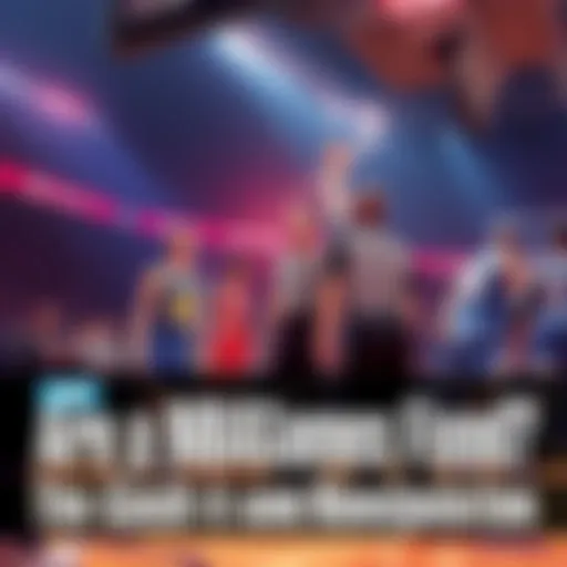 Basketball game on court with referee making a call and players in action