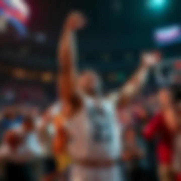 NBA player celebrating a win A star NBA player joyfully celebrating with fans after a game, symbolizing financial success and earnings.