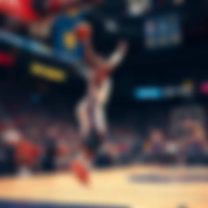 An NBA player takes a shot from beyond the arc, with fans cheering in the background