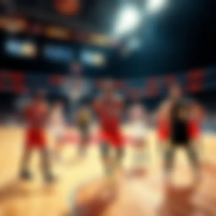 Group of NBA players in action on the basketball court during a game