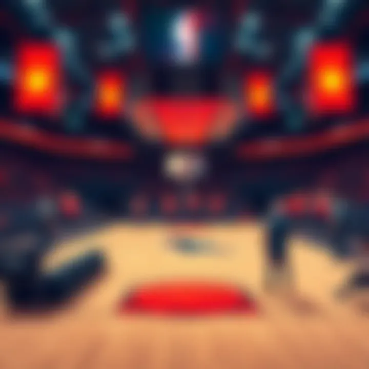 A basketball court set up for the NBA All-Star Game with vibrant decorations and players warming up
