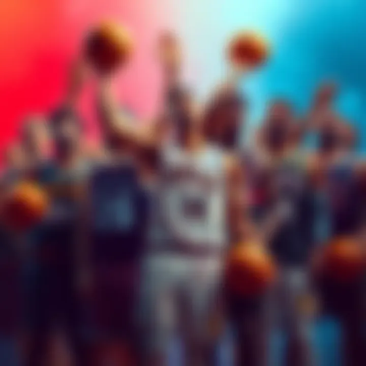 A group of basketball players celebrating their selection for the NBA All-Star game, wearing team jerseys with basketballs in hand.