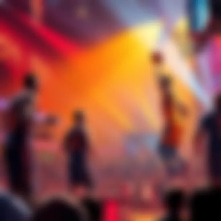 Three basketball players competing in the 3-Point Contest and a dunker preparing for the Slam Dunk Contest, surrounded by a cheering crowd.