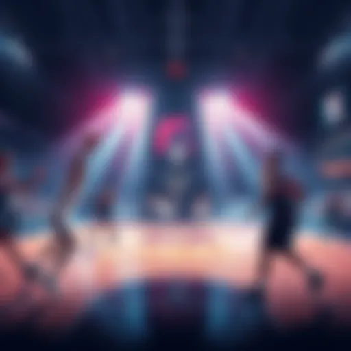 A basketball court with players making assists during a game, highlighting the excitement of NBA betting.