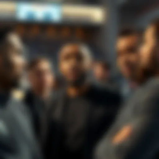 A group of people engaged in a conversation about NBA betting, showing a mix of expressions from concern to curiosity, with a basketball court in the background.