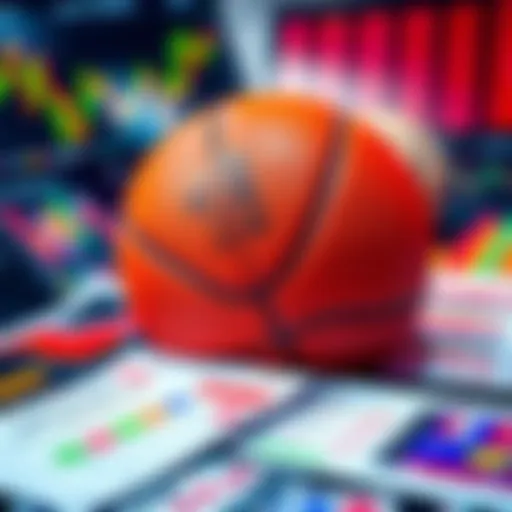 A basketball on a betting slip with odds displayed, surrounded by charts and graphs for tonight's NBA games.