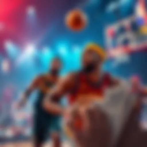 Basketball players in action with betting tickets and props in foreground