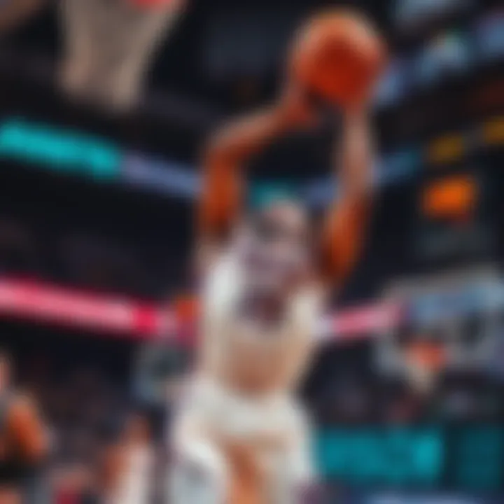 A basketball player making a shot during a game with betting odds overlay.