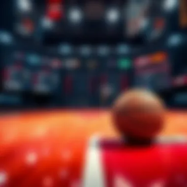 A basketball court with betting odds displayed, featuring a basketball and cash on the side.