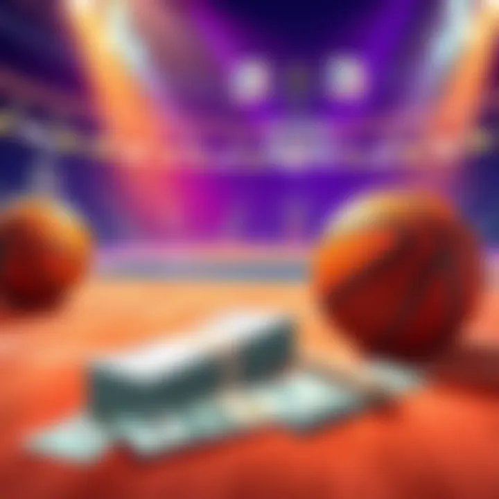 Illustration of basketballs and betting slips with money on a basketball court