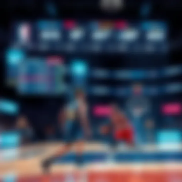 A basketball court with betting odds displayed on a screen and players in action.