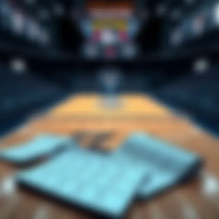 Basketball court with betting slips and notebooks showing strategies for NBA games