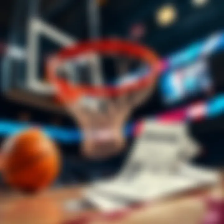 A basketball hoop with betting slips beside it, symbolizing NBA betting strategies for February 19.