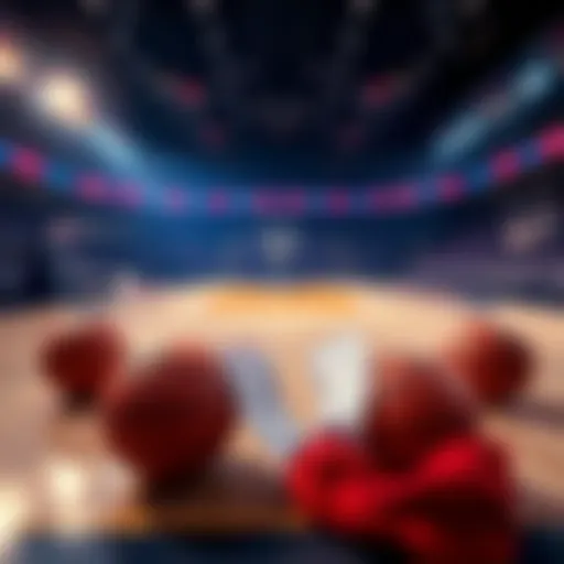 A basketball court with betting slips and basketballs, showcasing NBA betting strategies