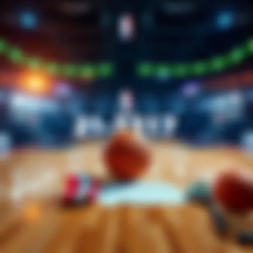 A basketball court with odds displayed, emphasizing a 21-leg wager and boosted odds at +3317, alongside betting slips and a basketball.