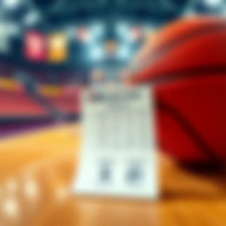 A basketball court with a betting slip highlighting assists and points for NBA games