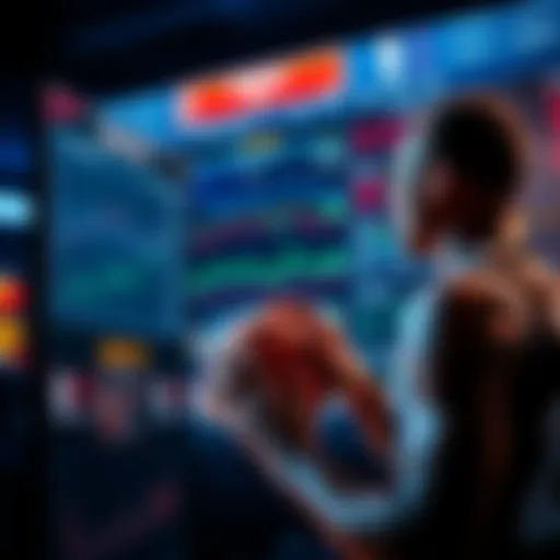 Basketball player analyzing betting odds on a digital screen with graphs and statistics