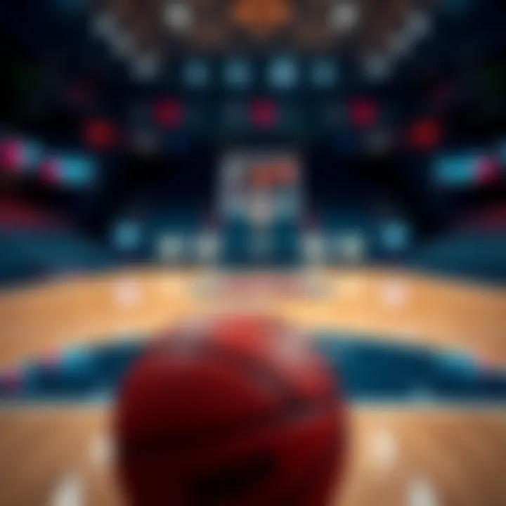 A close-up of a basketball court with betting odds displayed on a digital screen and basketballs in the foreground.