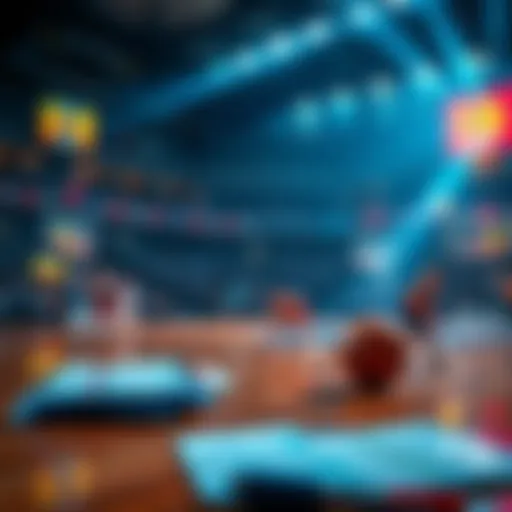 Basketball court with betting slips and player images for NBA games