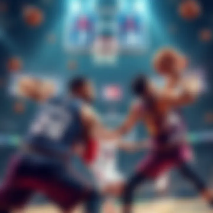 Basketball players from Cavaliers and 76ers compete on the court with odds displayed