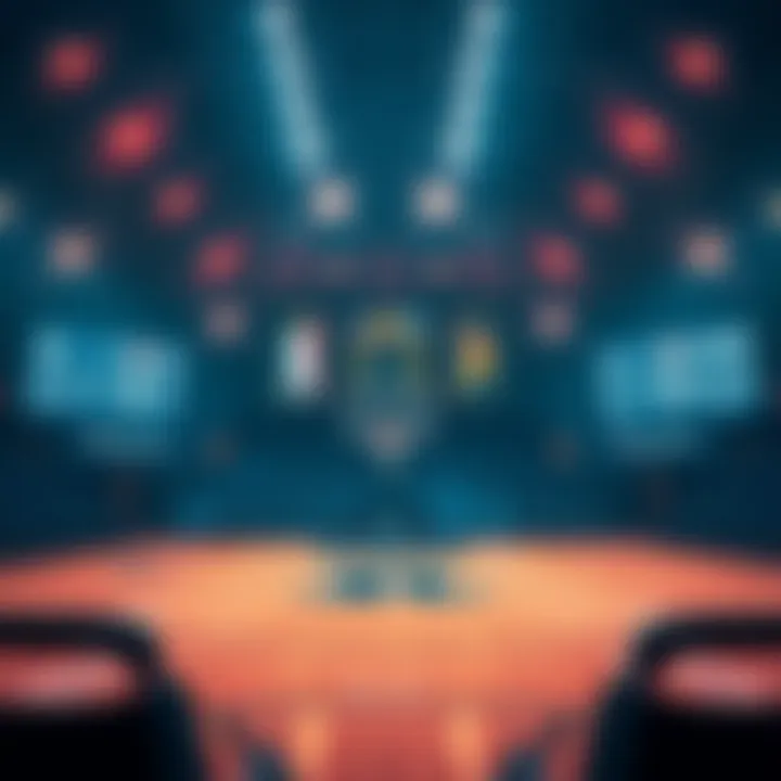 A basketball court with betting odds and picks displayed on a digital screen