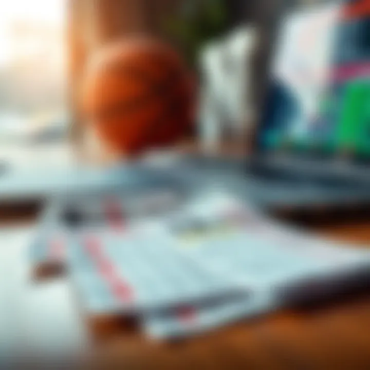 A close-up of basketball betting slips on a table alongside a basketball and a laptop, showing odds and predictions for today’s games.