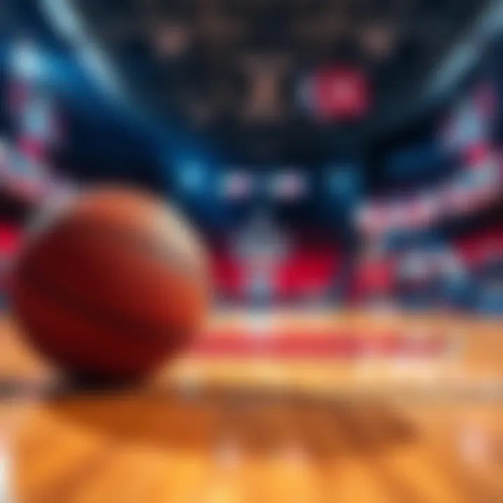NBA Betting Strategies A basketball court with betting slips and tips on the side, showing strategies for NBA betting