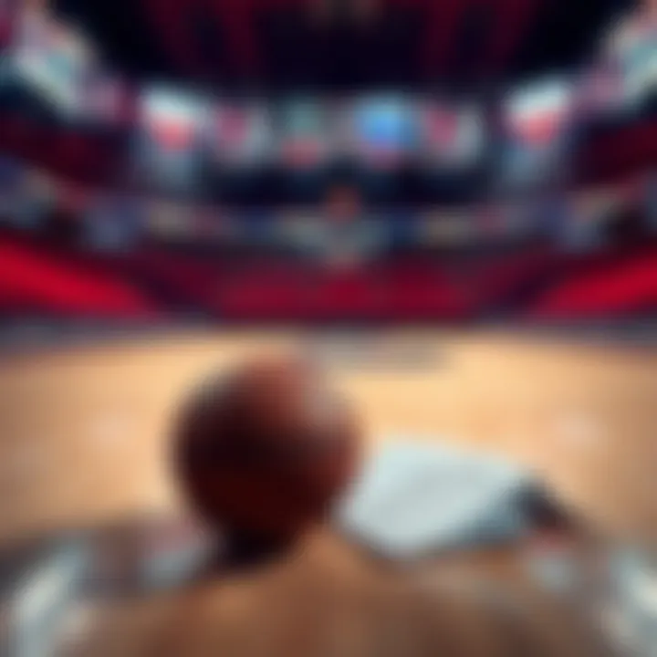 NBA Betting Strategy A close-up view of a basketball court with betting slips and a basketball on the floor, signifying NBA betting insights.