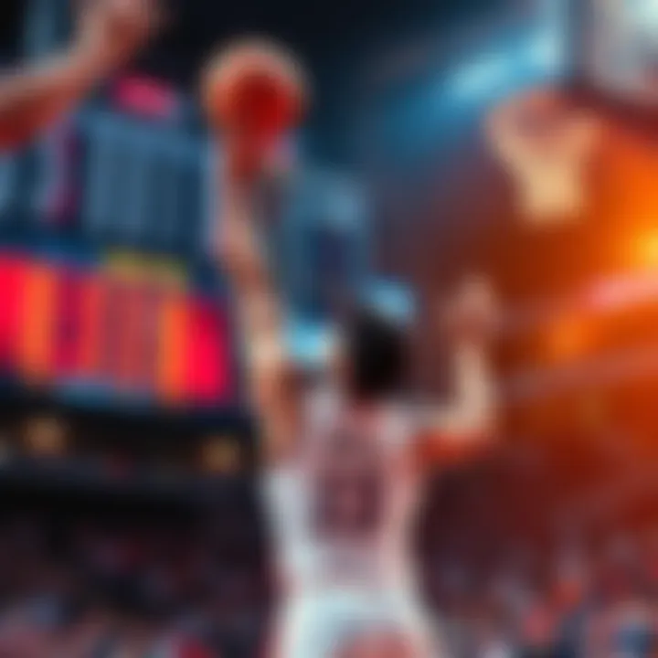 NBA Betting Tips A basketball player making a shot with betting odds displayed on a screen in the background